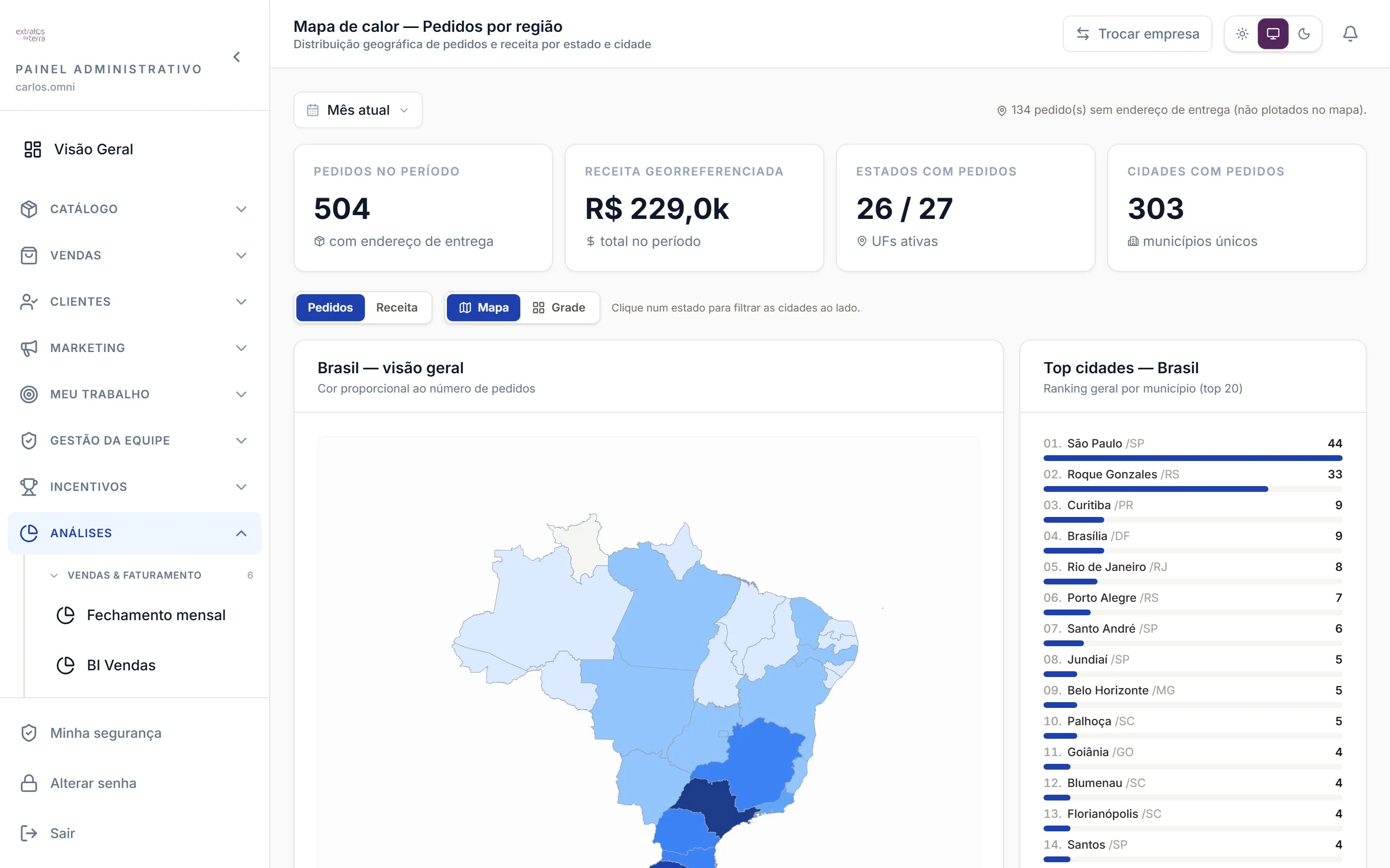 Mapa de calor de pedidos por região