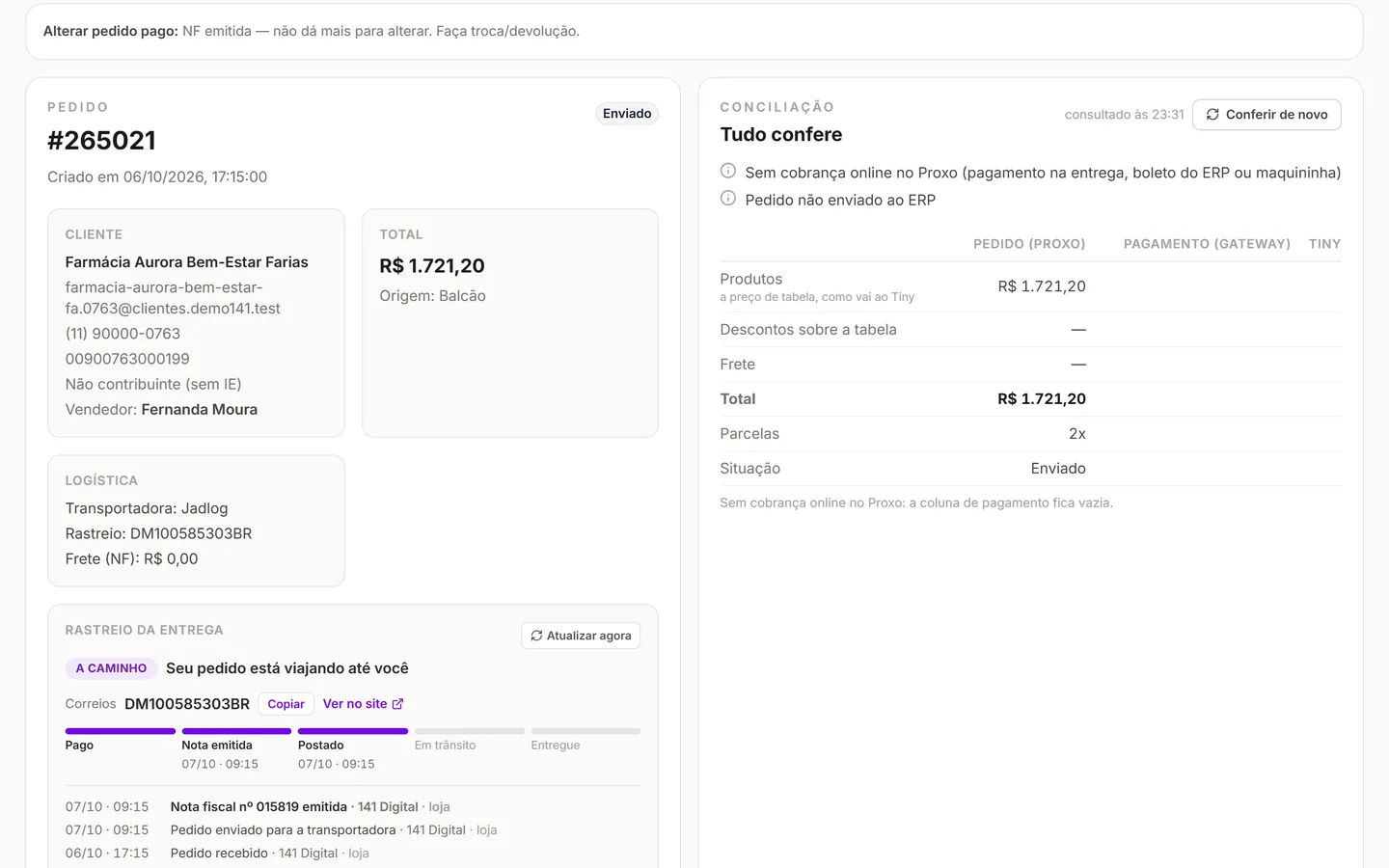 Detalhe do pedido com rastreio da entrega, nota fiscal e conciliação entre pedido, gateway e ERP